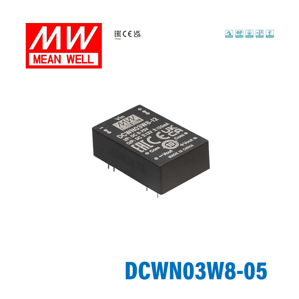 Mean Well DCWN03W8-05 DC-DC Converter - 3W 9~75V DC in ±5V out 7mA
