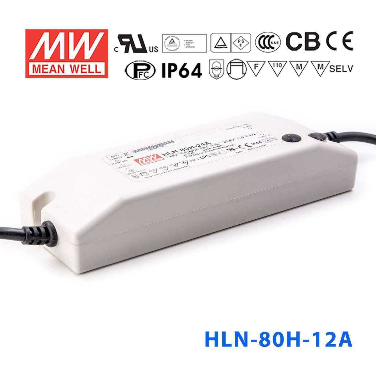 Mean Well HLN-80H-12A Power Supply 60W 12V - IP64, Adjustable 5A