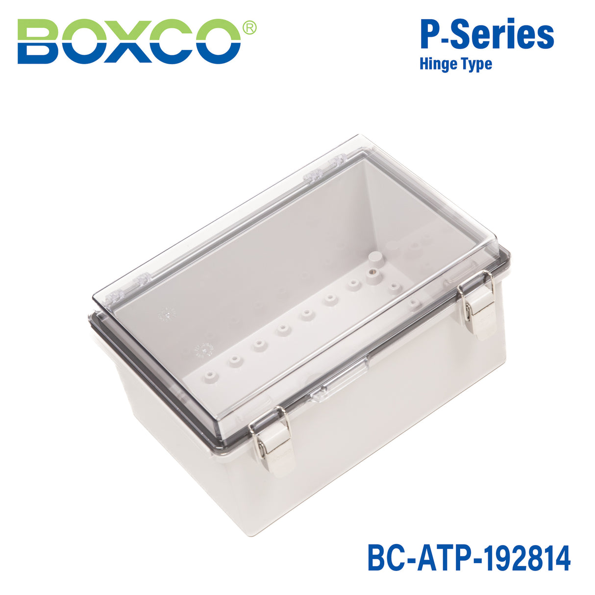 Boxco P-Series 190x280x140mm Plastic Enclosure, IP67, IK08, ABS, Transparent Cover, Molded Hinge and Latch Type