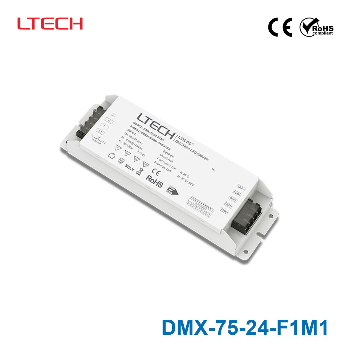 Ltech DMX-75-24-F1M1 75W 24VDC CV DMX LED Driver - DMX dimmable 3.12A