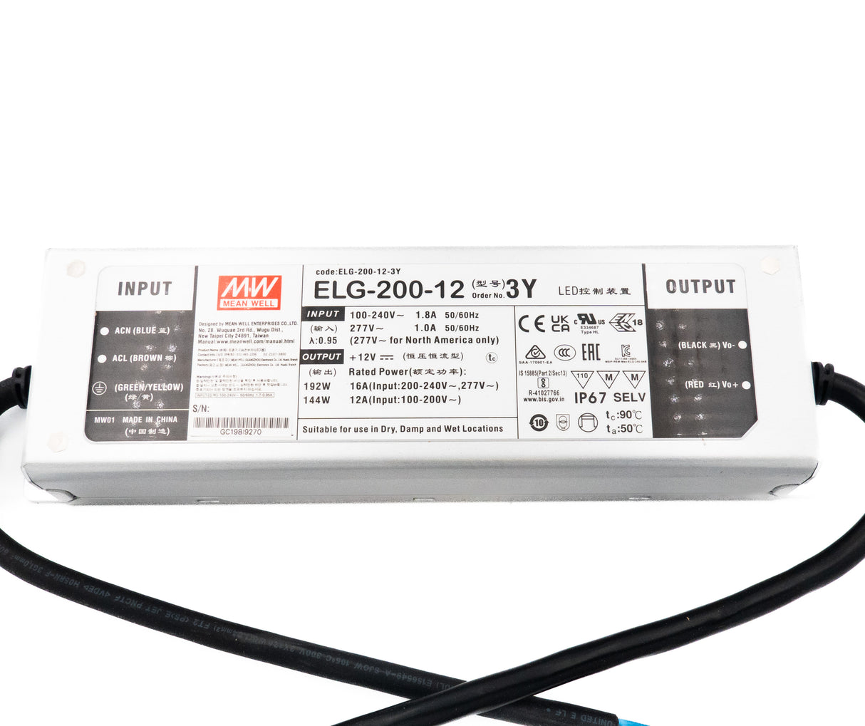 Mean Well ELG-200-12-3Y Power Supply 192W 12V 16A — 3-Wire Input (with Earth) - PHOTO 1