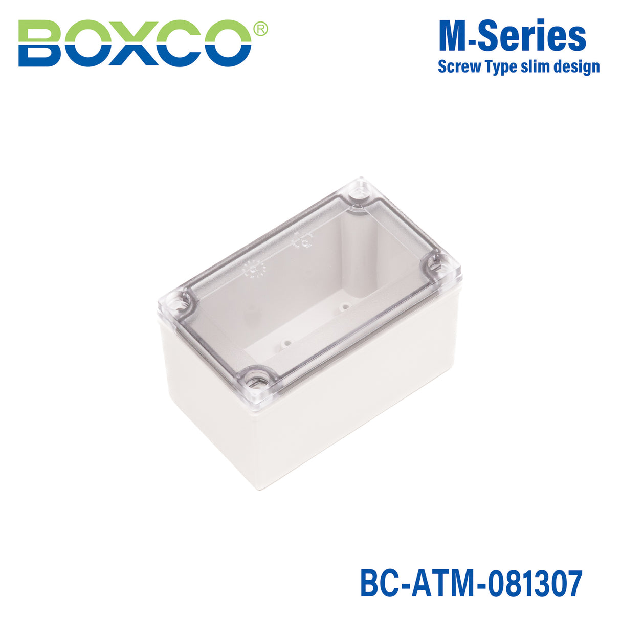 Boxco M-Series 80x130x75mm Plastic Enclosure, IP67, IK08, ABS, Transparent Cover, Screw Type