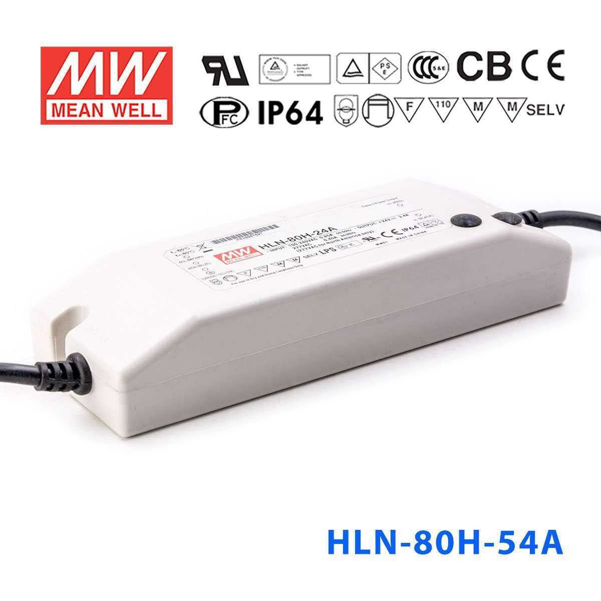 Mean Well HLN-80H-54A Power Supply 80W 54V - IP64, Adjustable 1.5A