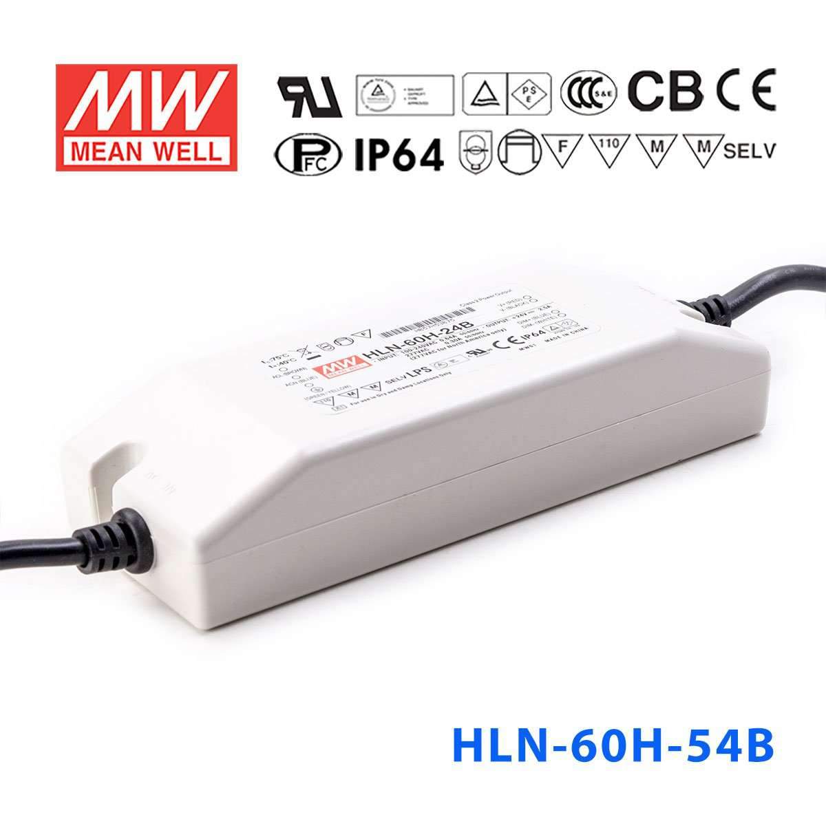 Mean Well HLN-60H-54B Power Supply 60W 54V - IP64, Dimmable 1.15A