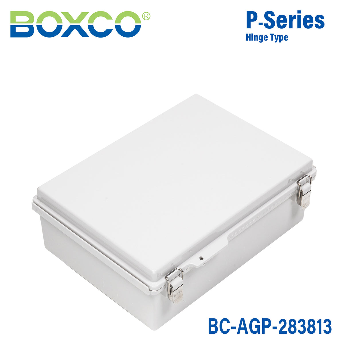 Boxco P-Series 280x380x130mm Plastic Enclosure, IP67, IK08, ABS, Grey Cover, Molded Hinge and Latch Type