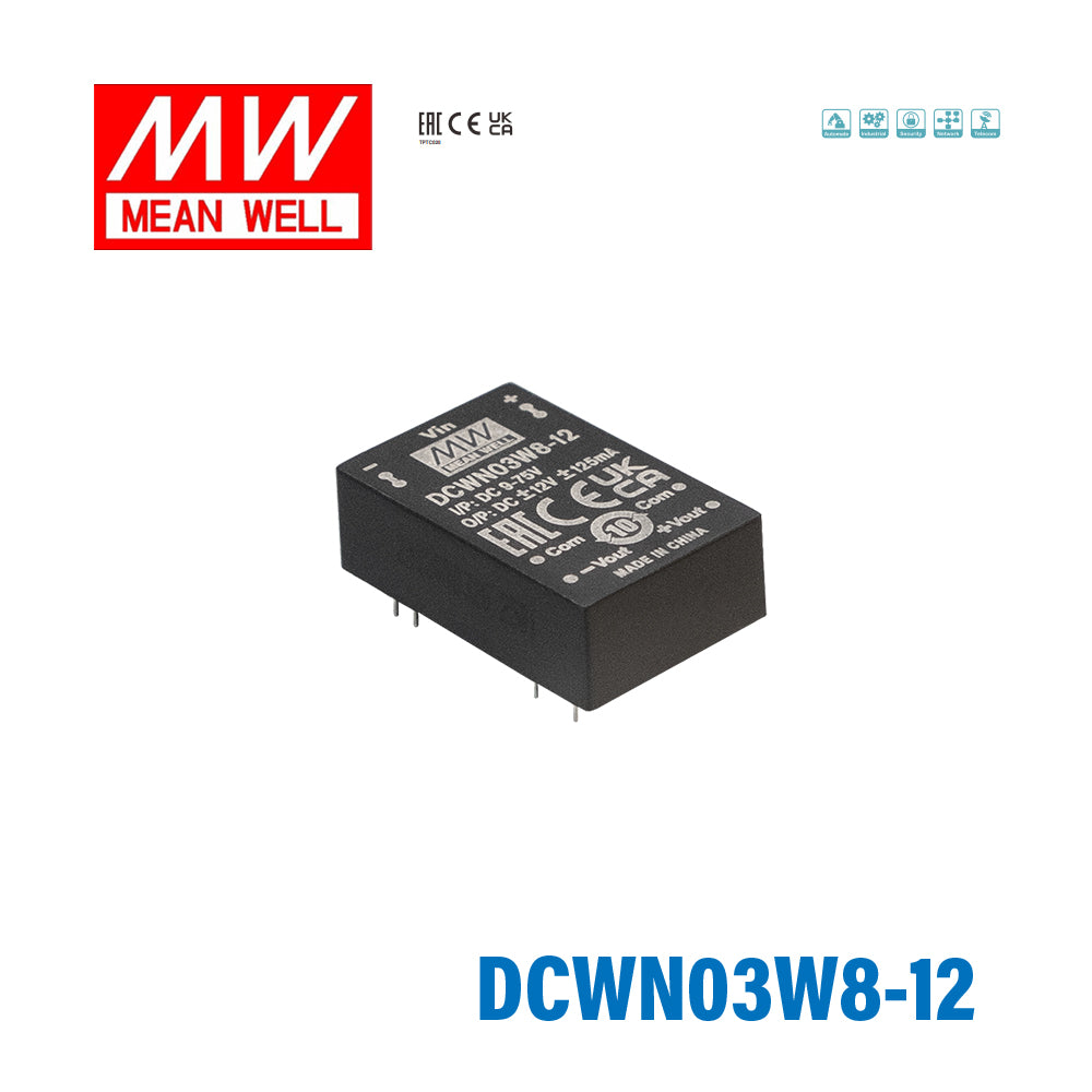 Mean Well DCWN03W8-12 DC-DC Converter - 3W 9~75V DC in ±12V out 9mA