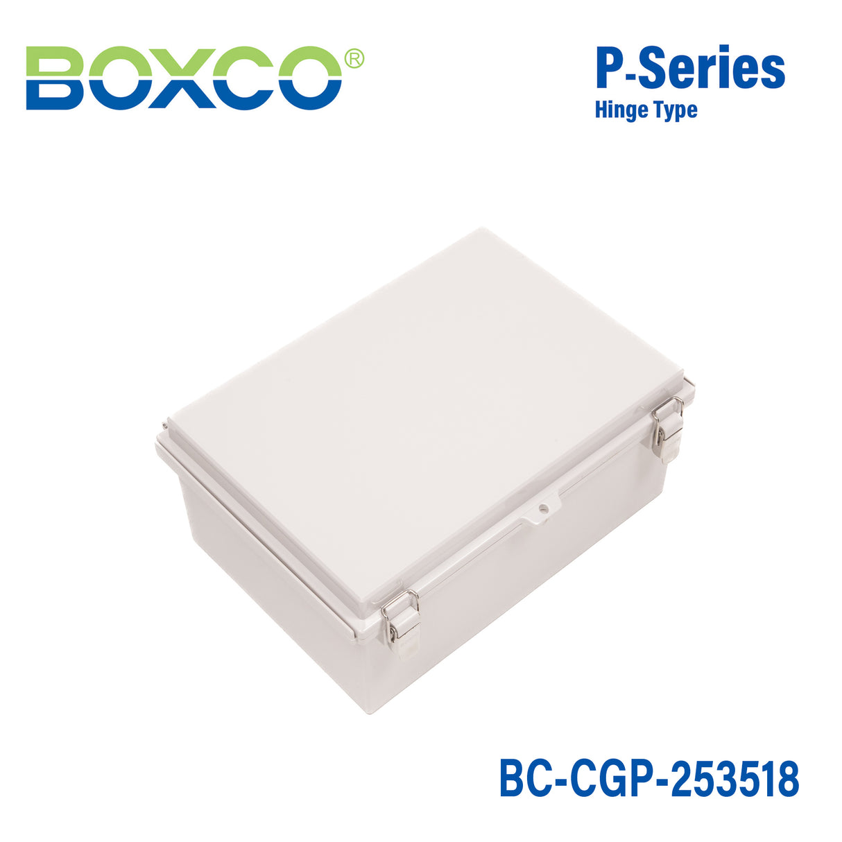 Boxco P-Series 250x350x180mm Plastic Enclosure, IP67, IK08, PC, Grey Cover, Molded Hinge and Latch Type