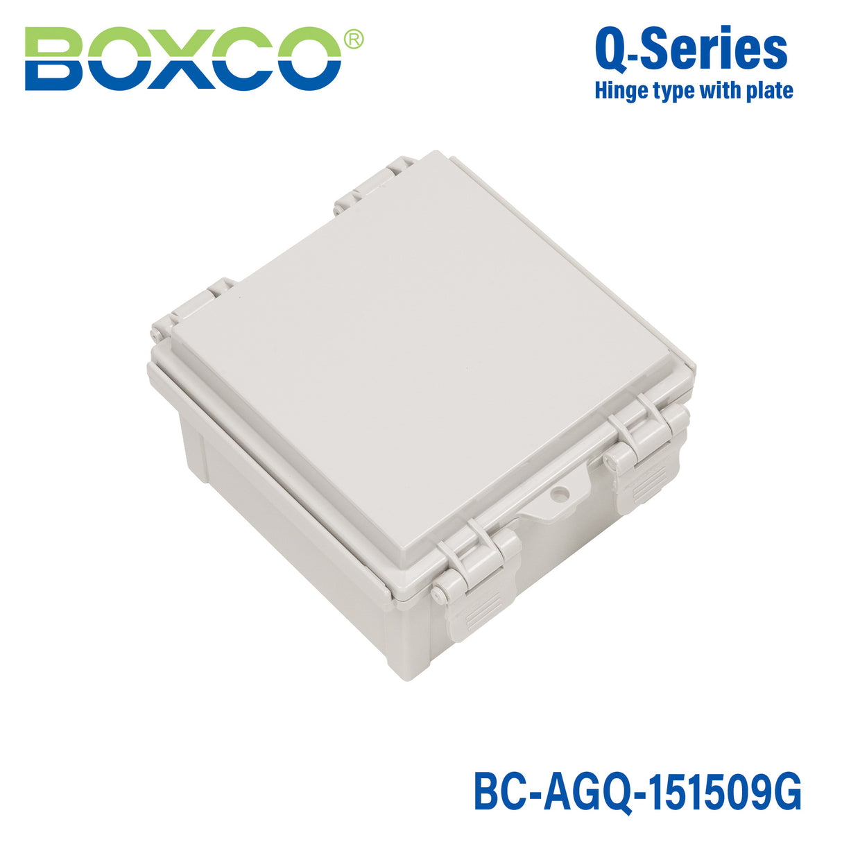 Boxco Q-series 150*150*90mm Plastic Enclosure, IP67, IK08, ABS, Grey Cover, Hinge Type with Plate