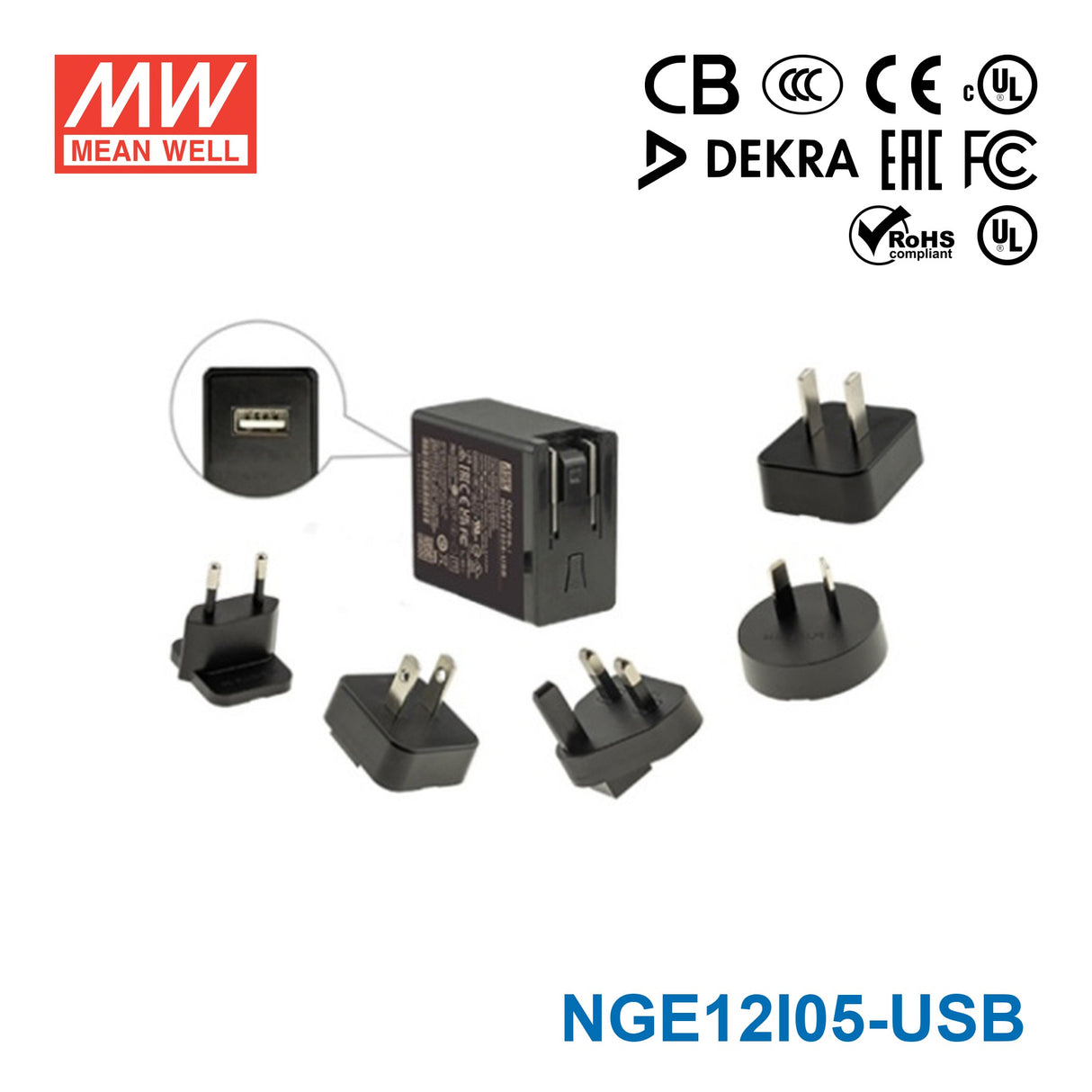 Mean Well NGE12I05-USB AC-DC Wall-mounted Green Adaptor - Interchangeable Plug - 12W 5V 2.4A - USB Output