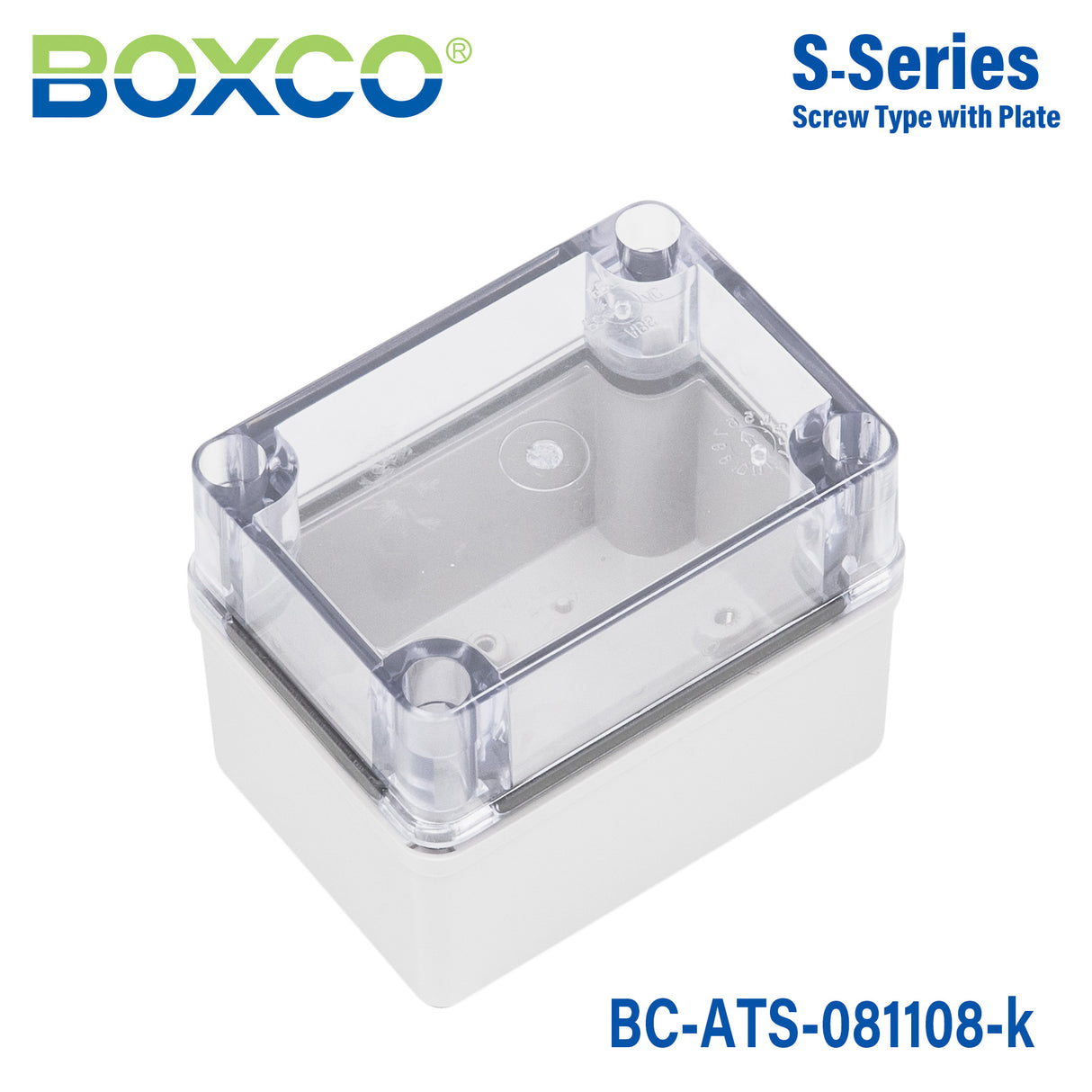 Boxco S-Series 80×110×85mm Plastic Enclosure, IP67, IK08, ABS, Transparent Cover, Screw Type