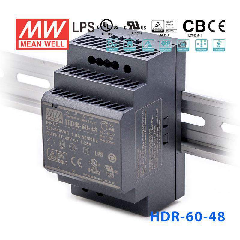 Mean Well HDR-60-48 Ultra Slim Step Shape Power Supply 60W 48V 1.25A - DIN Rail