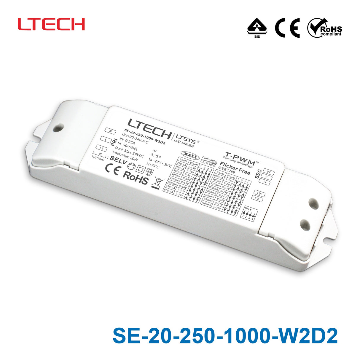 LTECH SE-20-250-1000-W2D2 20W 250mA ~ 1000mA CC DALI2 LED Driver - Tunable White