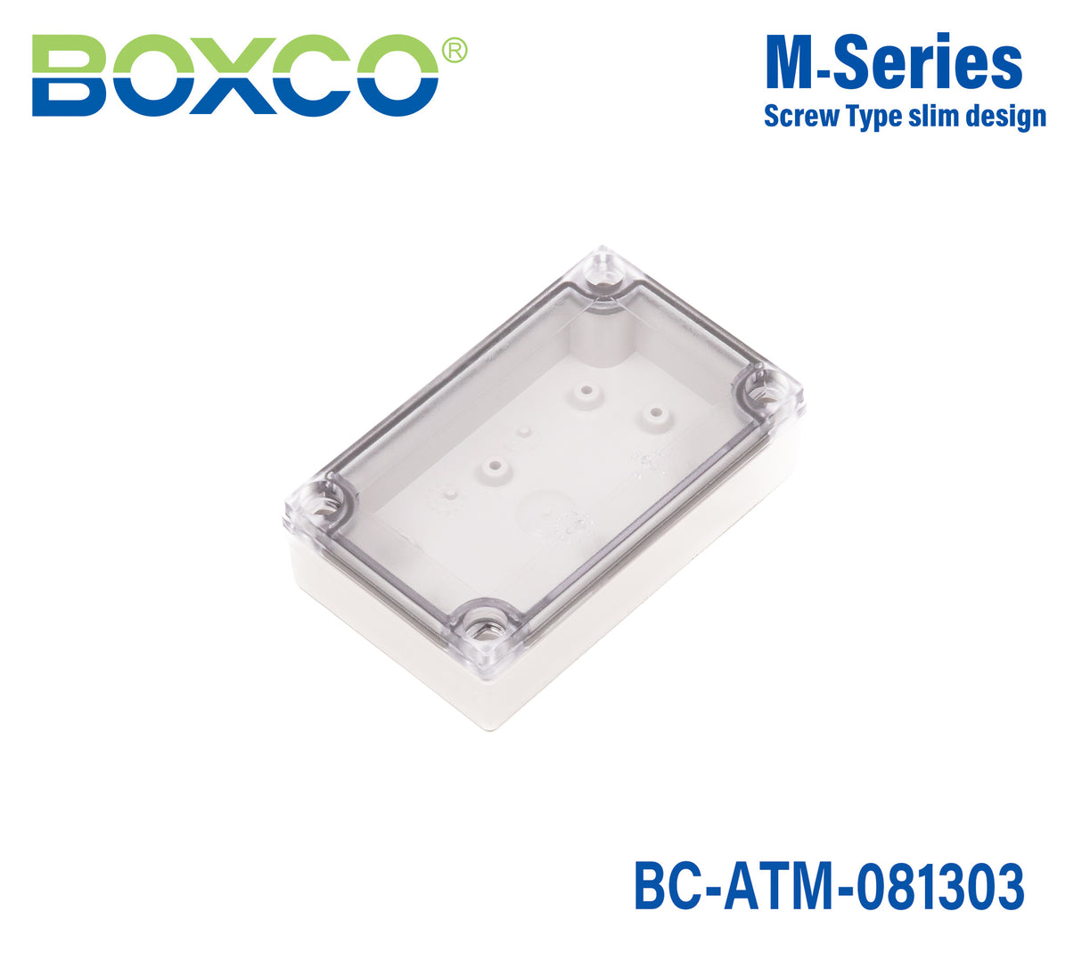 Boxco M-Series 80x130x35mm Plastic Enclosure, IP67, IK08, ABS, Transparent Cover, Screw Type