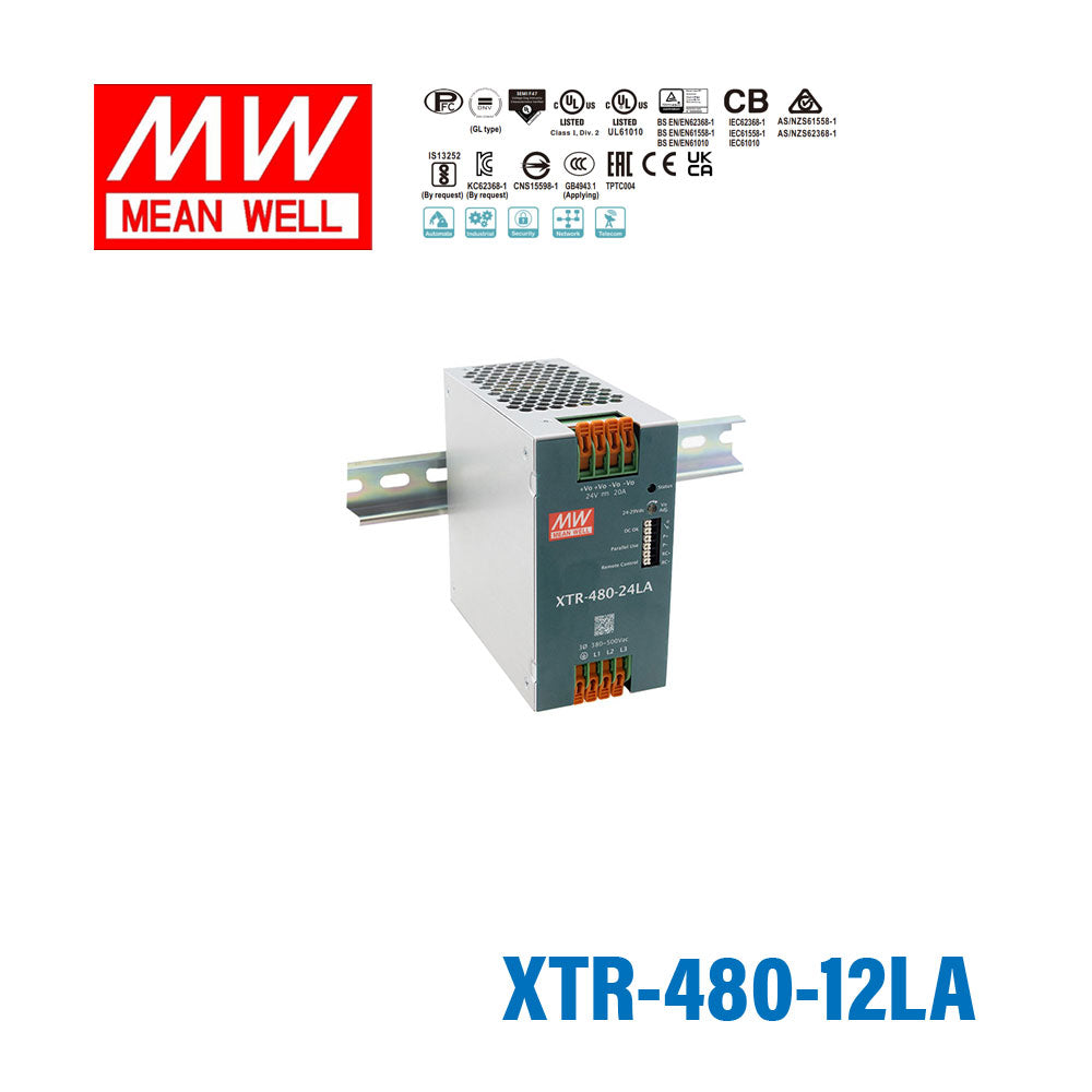 Mean Well XTR-480-12LA Three Phase Din Rail Power Supply 360W 12V - Lever-Actuated 30A