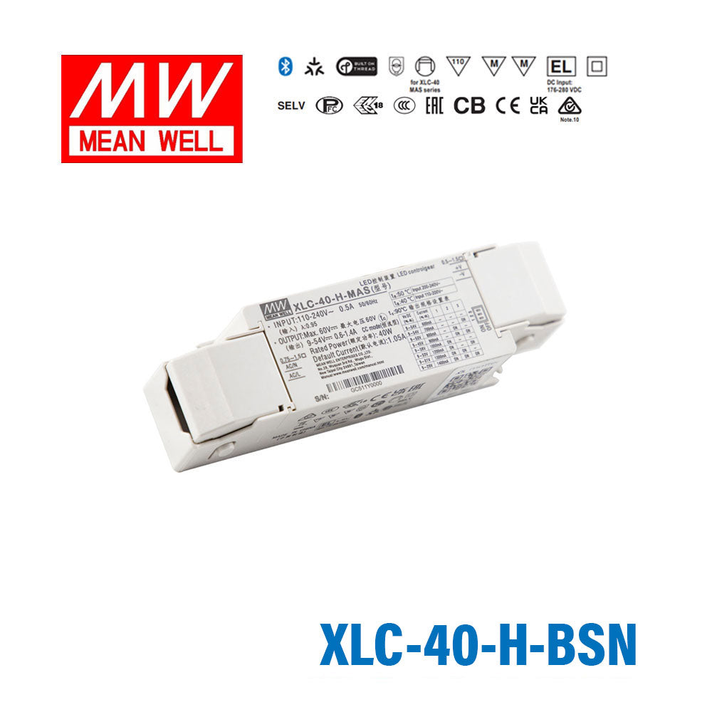 Mean Well XLC-40-H-BSN LED Driver 40W 1050mA 9~54V Constant Power, 3 in 1 Dimming with Strain-relief, NFC Current Setting