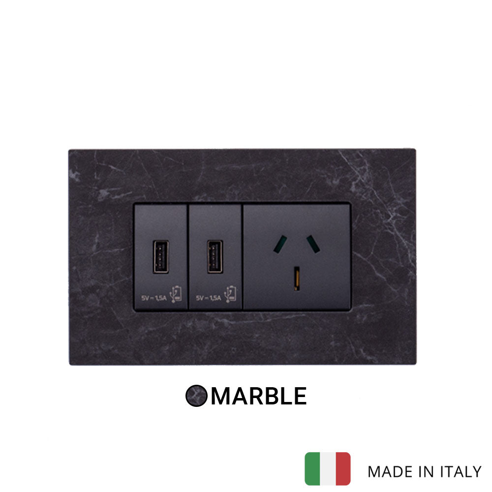 Vimar Eikon Marble 2 USB, 1 Socket - Black Marquina - 15A