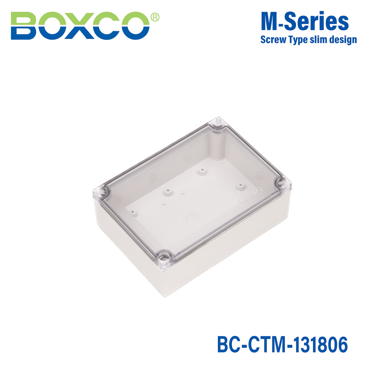 Boxco M-Series 130x180x60mm Plastic Enclosure, IP67, IK08, PC, Transparent Cover, Screw Type