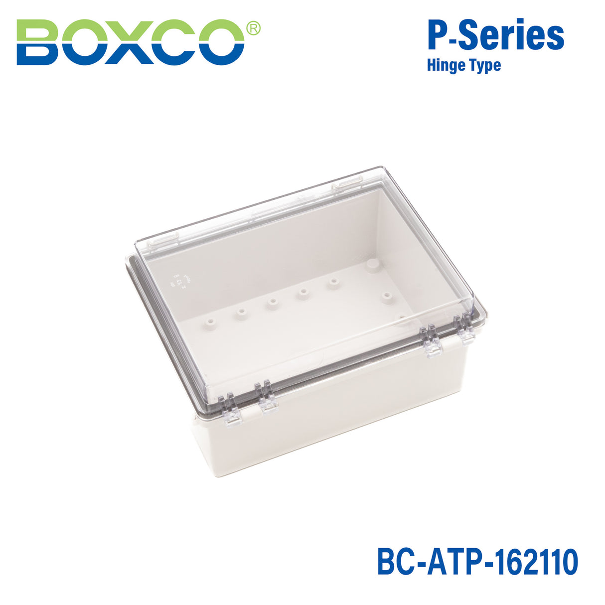 Boxco P-Series 160x210x100mm Plastic Enclosure, IP67, IK08, ABS, Transparent Cover, Molded Hinge and Latch Type