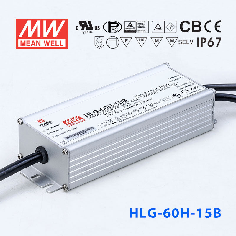 Mean Well HLG-60H-15AB Power Supply 60W 15V - Adjustable and Dimmable