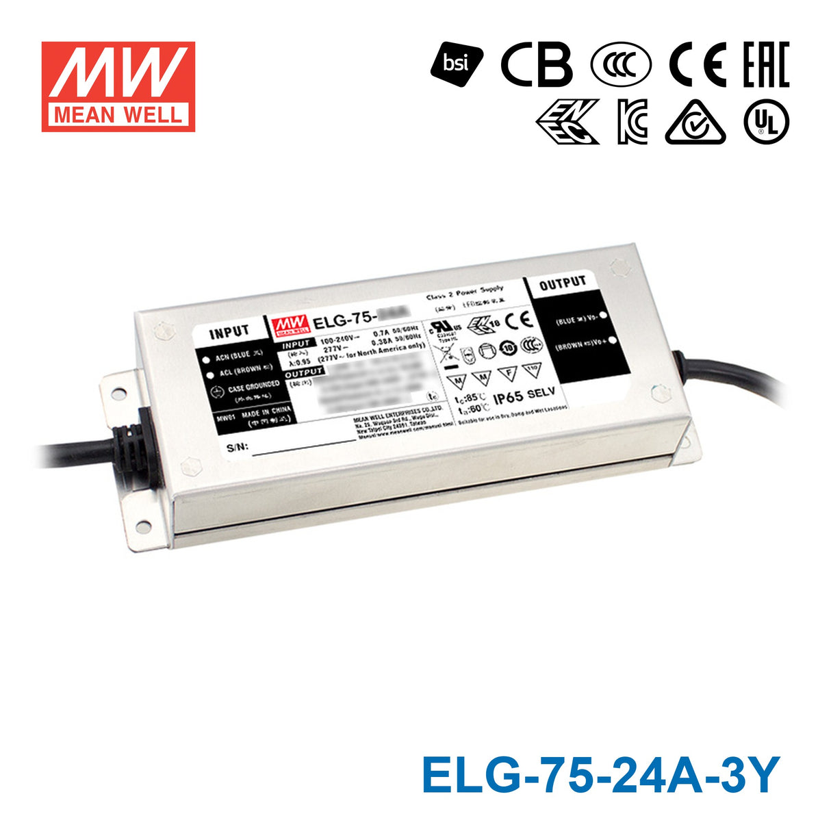 Mean Well ELG-75-24A-3Y Power Supply 75W 24V - Adjustable 3.15A — 3-Wire Input (with Earth)