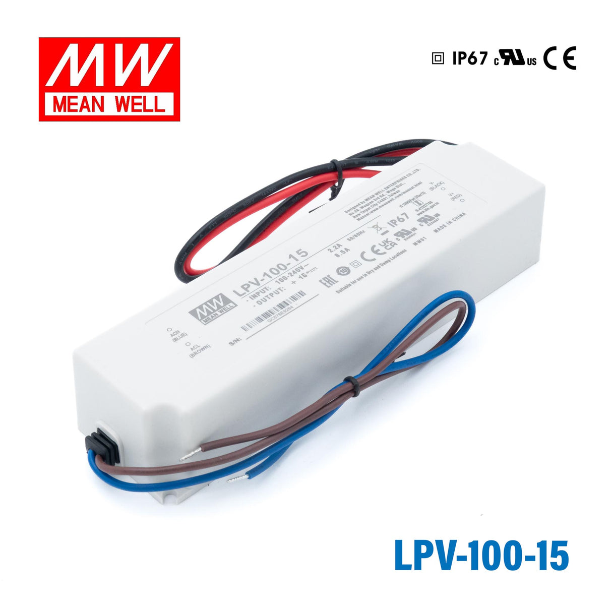 Mean Well LPV-100-15 LED Driver — 100.5W 15V 6.7A IP67 Waterproof