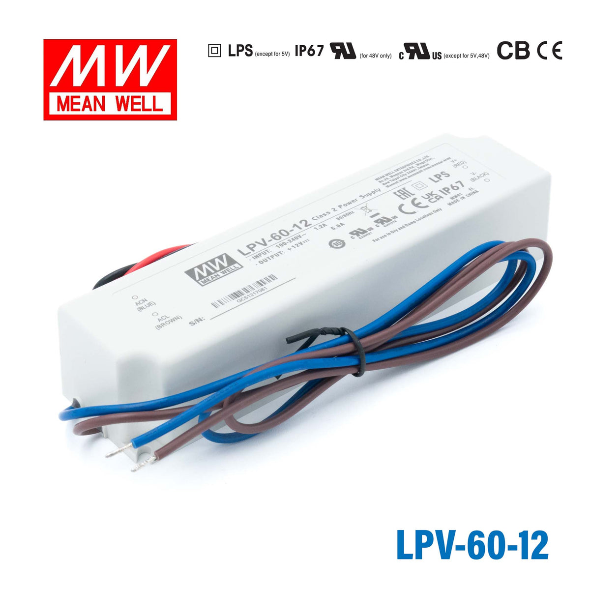 Mean Well LPV-60-12 LED Driver β 60W 12V 5A IP67 Waterproof