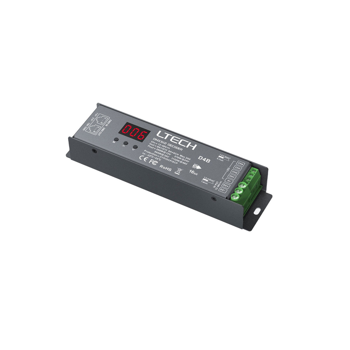 Ltech D4B Constant Voltage 4 Channel DMX/RDM Decoder, 12-48V, 24A, Screw Terminal, LED Display