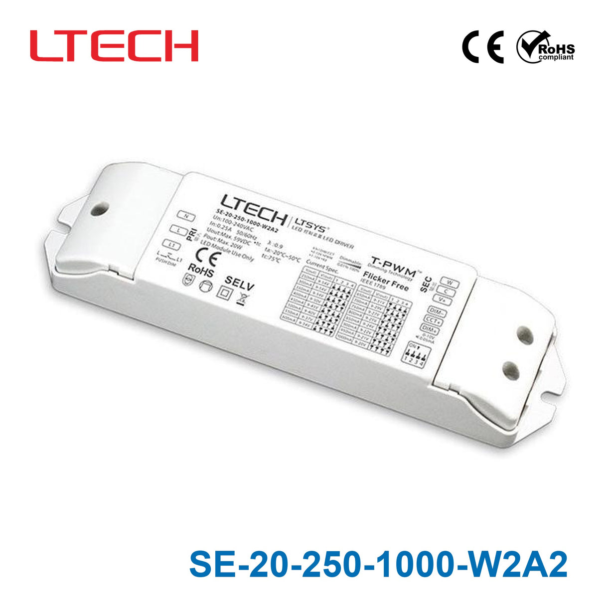 LTECH SE-20-250-1000-W2A2 20W 250mA~1000mA CC 0-10V LED Driver