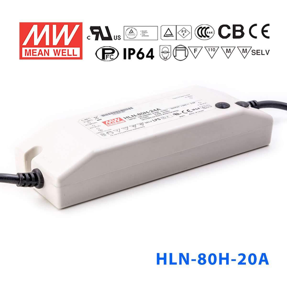 Mean Well HLN-80H-20A Power Supply 80W 20V - IP64, Adjustable