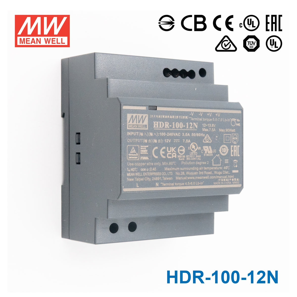 Mean Well HDR-100-12N Ultra Slim Step Shape Power Supply 100W 12V 7.5A - DIN Rail