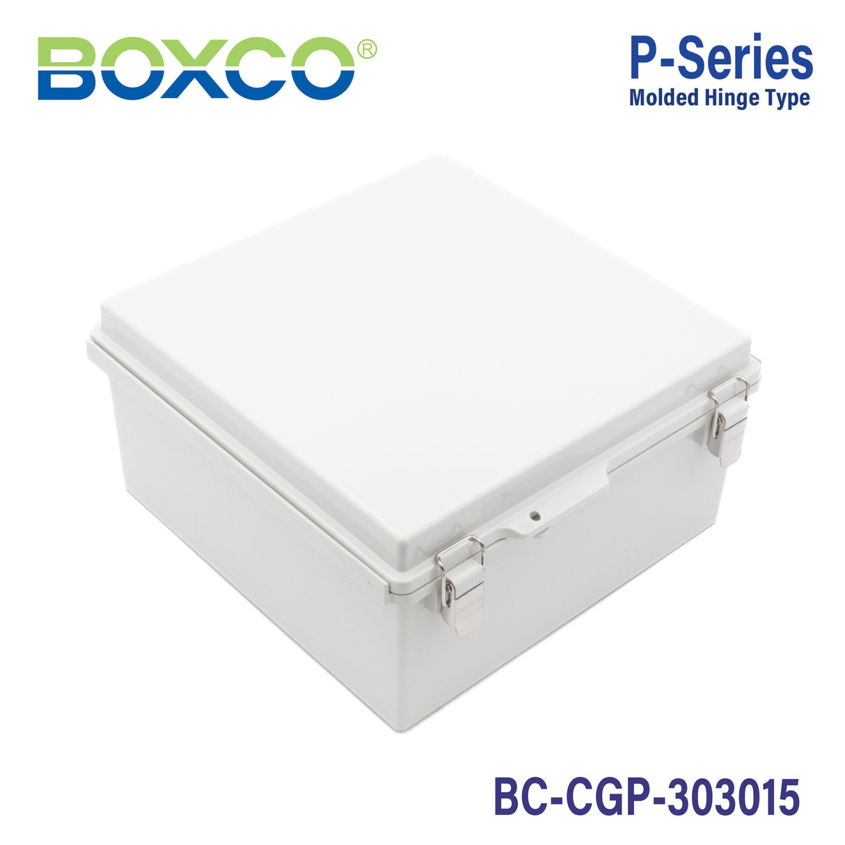 Boxco P-Series 300x300x150mm Plastic Enclosure, IP67, IK08, PC, Grey Cover, Molded Hinge and Latch Type
