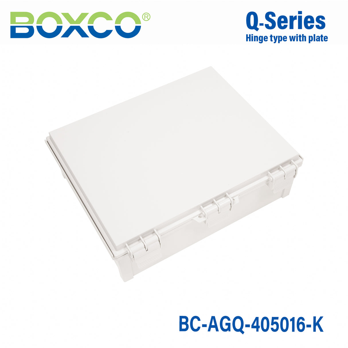 Boxco Q-Series 400x450x160mm Plastic Enclosure, IP67, IK08, ABS, Grey Cover, Hinge Type with Plate