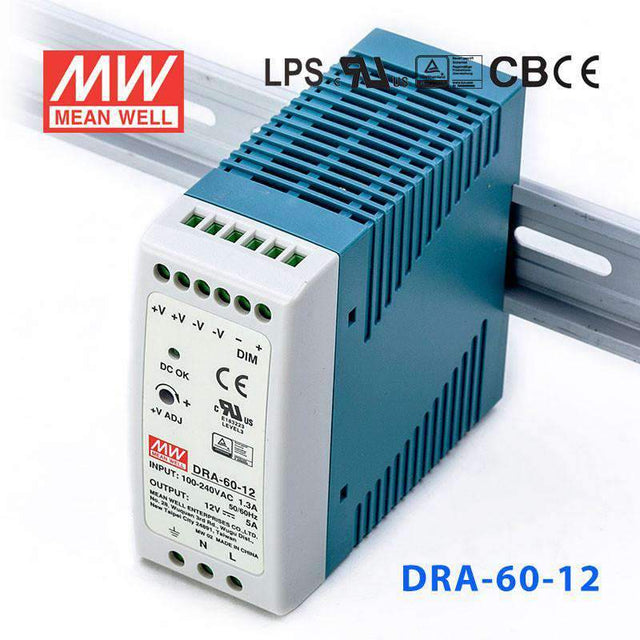 Mean Well DRA-60-12 Single Output Switching Power Supply 60W 12V - DIN Rail