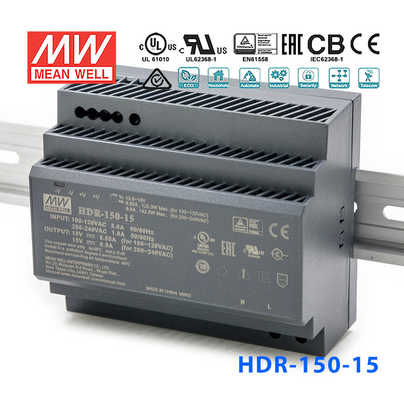 Mean Well HDR-150-15 Ultra Slim Step Shape Power Supply 150W 15V 8.55A - DIN Rail