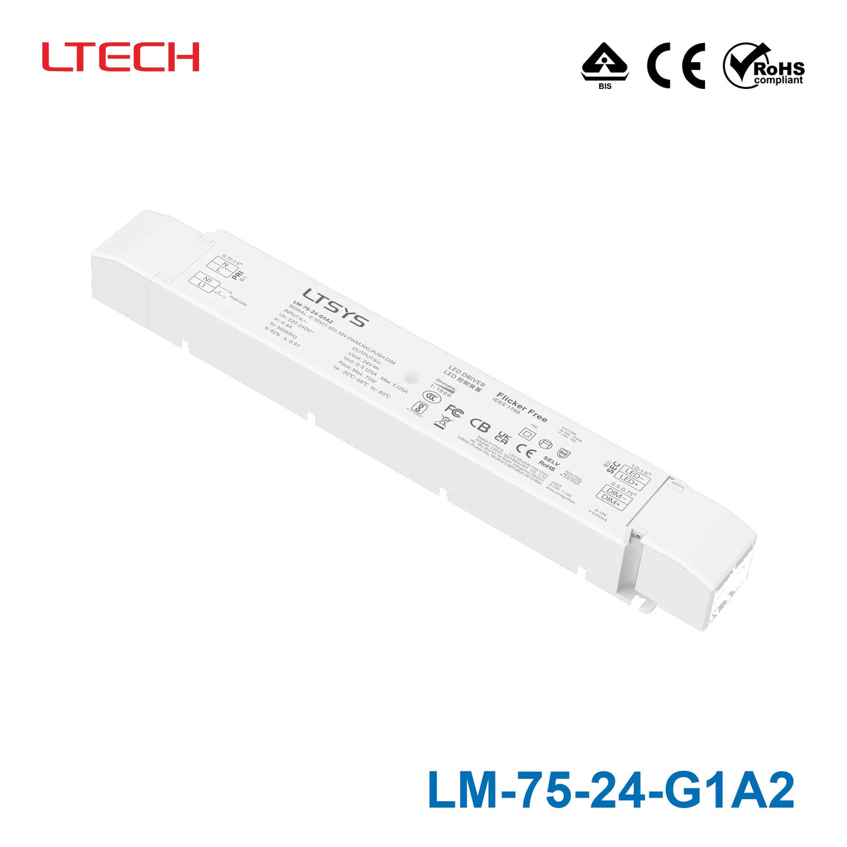 Ltech LM-75-24-G1A2 75W 24VDC CV LED Driver - 0/1-10Vdimmable 3.12A