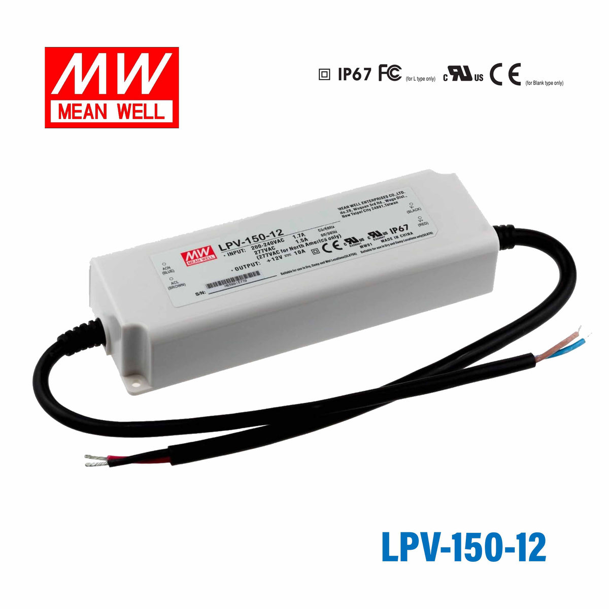 Mean Well LPV-150-12 LED Driver β 120W 12V 10A IP67 Waterproof