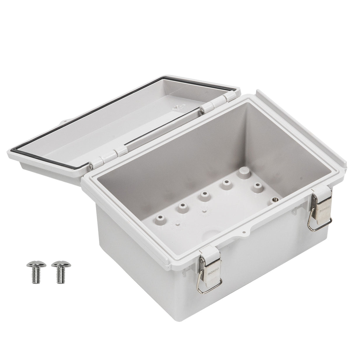 Boxco P-Series 135x185x100mm Plastic Enclosure, IP67, IK08, ABS, Grey Cover, Molded Hinge and Latch Type - PHOTO 3