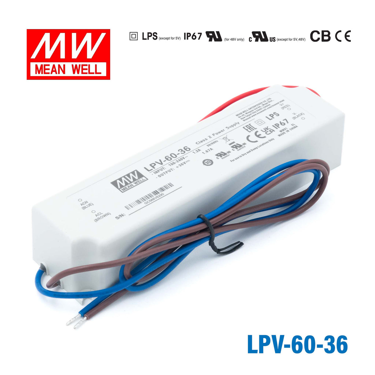 Mean Well LPV-60-36 LED Driver β 60W 36V 1.67A IP67 Waterproof