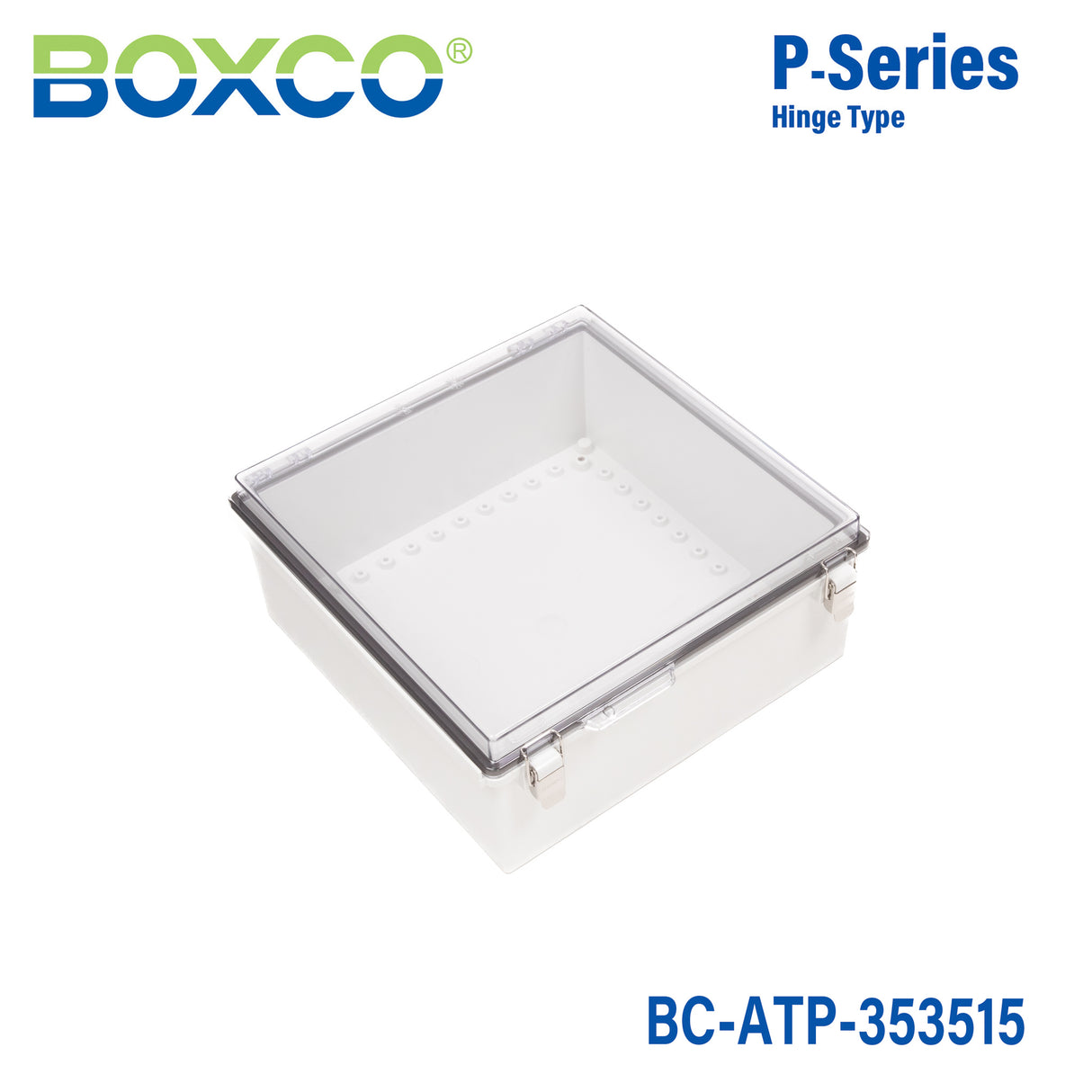 Boxco P-Series 350x350x150mm Plastic Enclosure, IP67, IK08, ABS, Transparent Cover, Molded Hinge and Latch Type