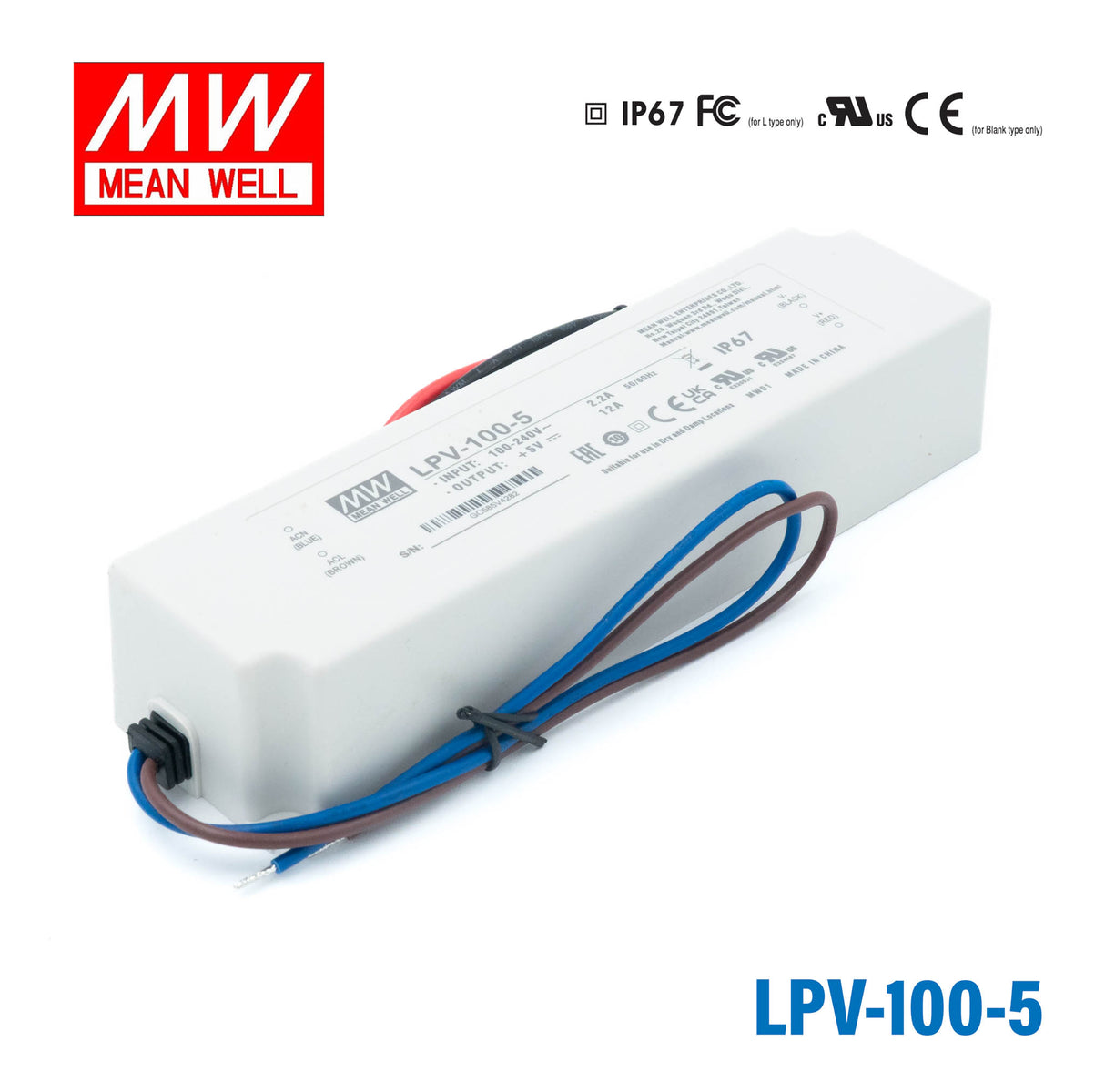 Mean Well LPV-100-5 LED Driver — 60W 5V 12A IP67 Waterproof