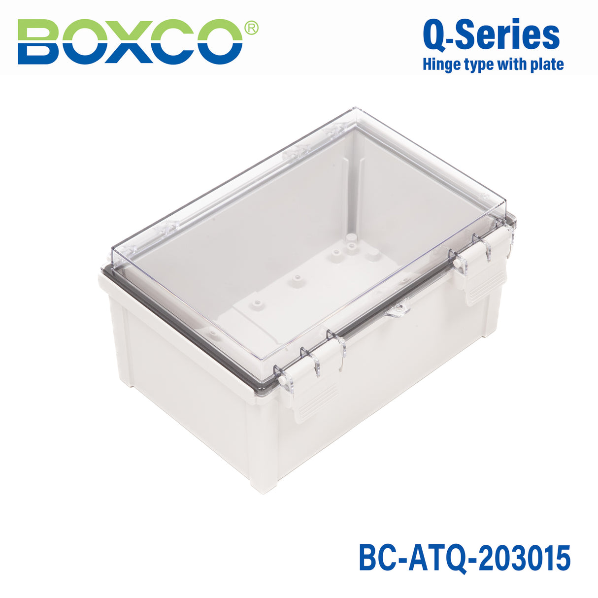Boxco Q-Series 200×300×150mm Plastic Enclosure, IP67, IK08, ABS, Transparent Cover, Plastic Hinge and Latch Type