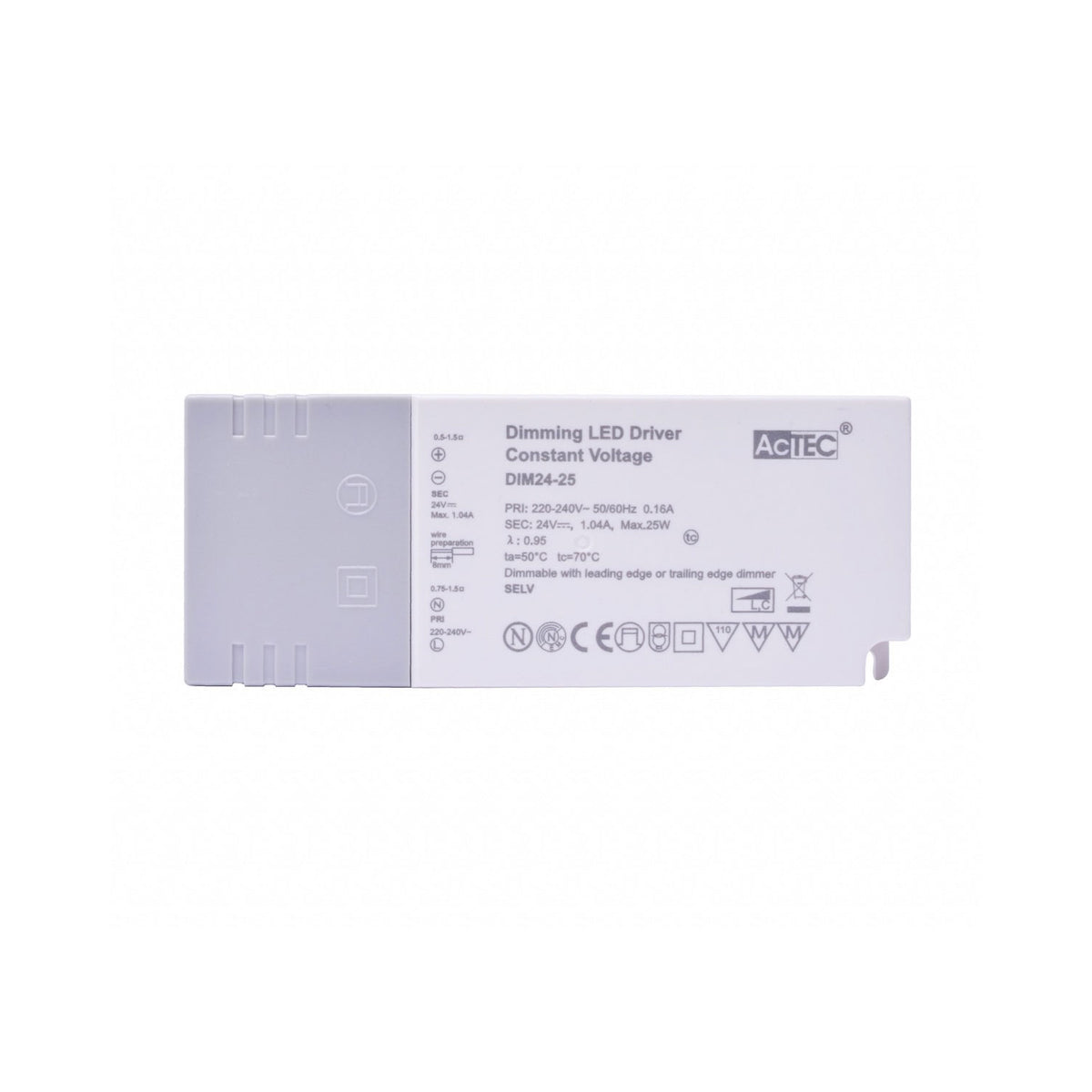 AcTEC DIM24-25 Triac Dimmable Driver 25W 24V 1.04A with Push Wire Terminal