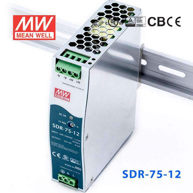 Mean Well SDR-75-12 Single Output Industrial Power Supply 75W 12V 6.3A - DIN Rail