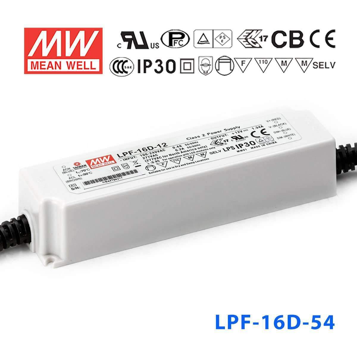 Mean Well LPF-16D-54 Power Supply 16W 54V - Dimmable 300mA