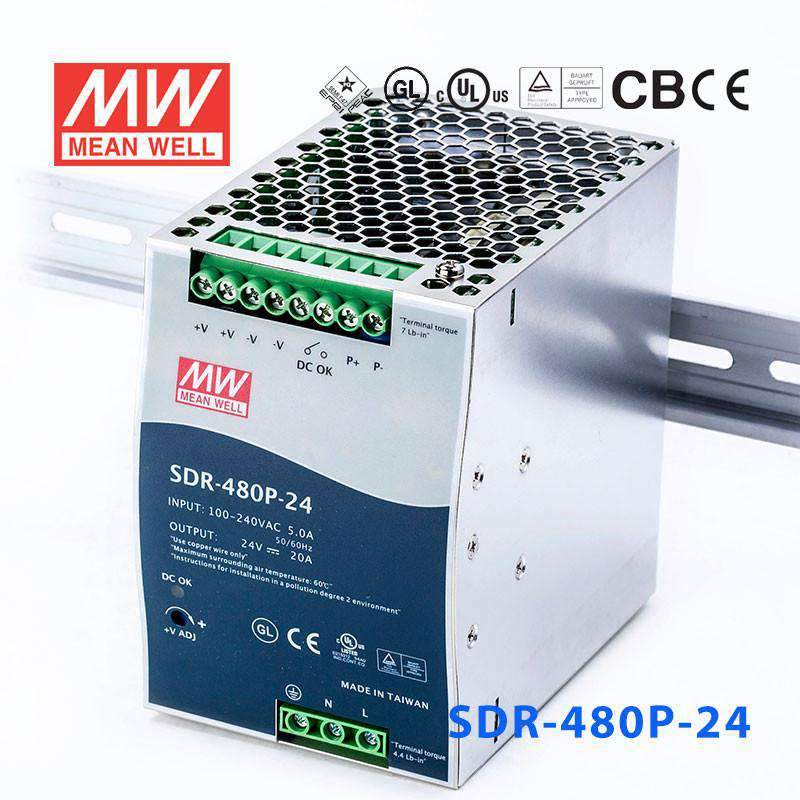 Mean Well SDR-480P-24 Single Output Industrial Power Supply 480W 24V 20A - DIN Rail