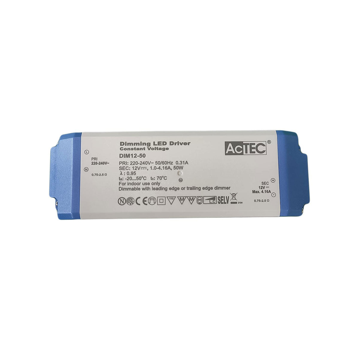AcTEC DIM12-50 Triac Dimmable Driver 50W 12V 4.16A with Screw Terminal