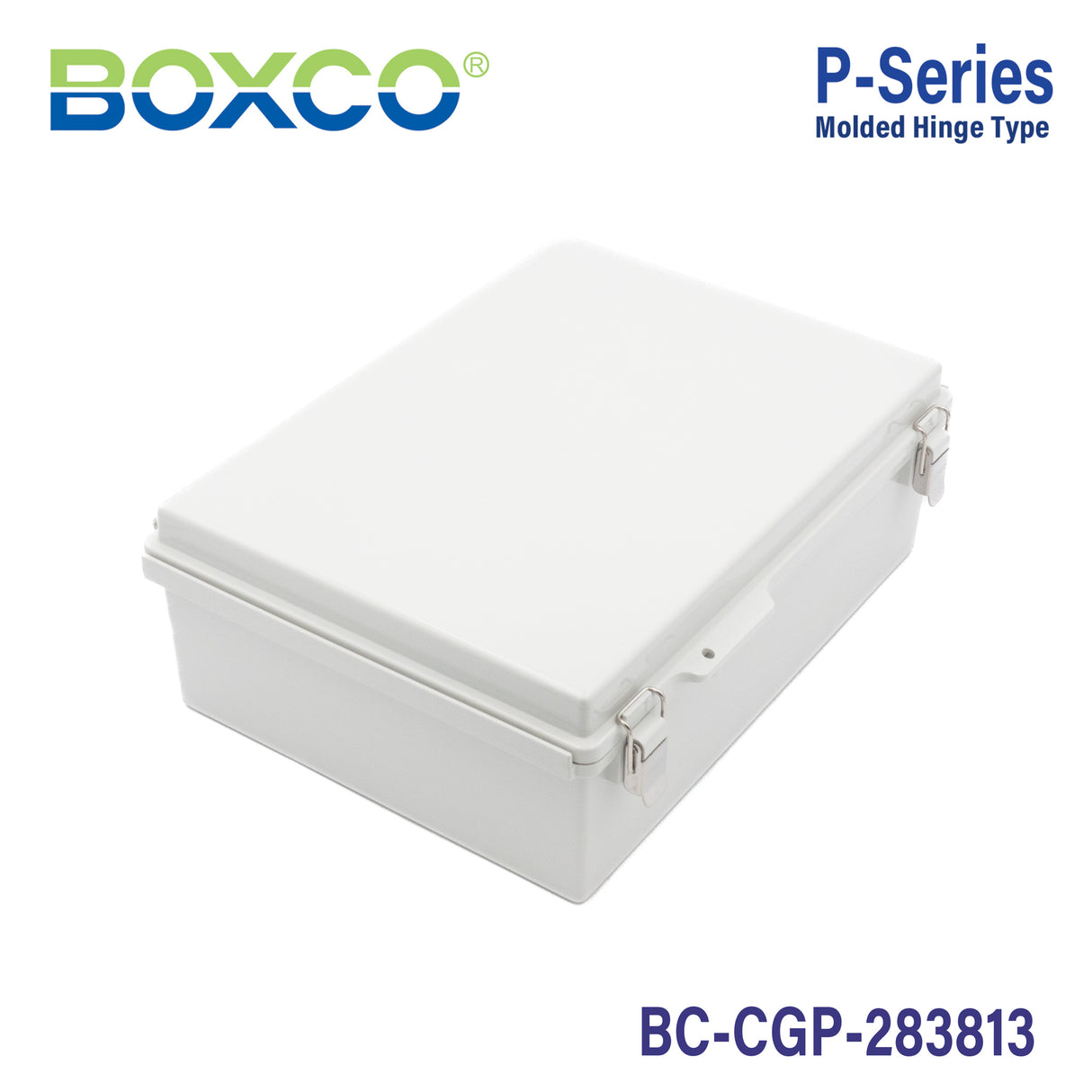 Boxco P-Series 280x380x130mm Plastic Enclosure, IP67, IK08, PC, Grey Cover, Molded Hinge and Latch Type