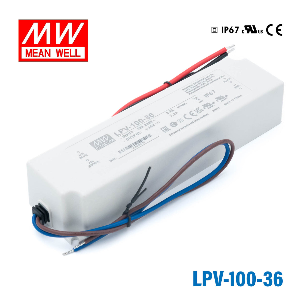 Mean Well LPV-100-36 LED Driver — 100.8W 36V 2.8A IP67 Waterproof