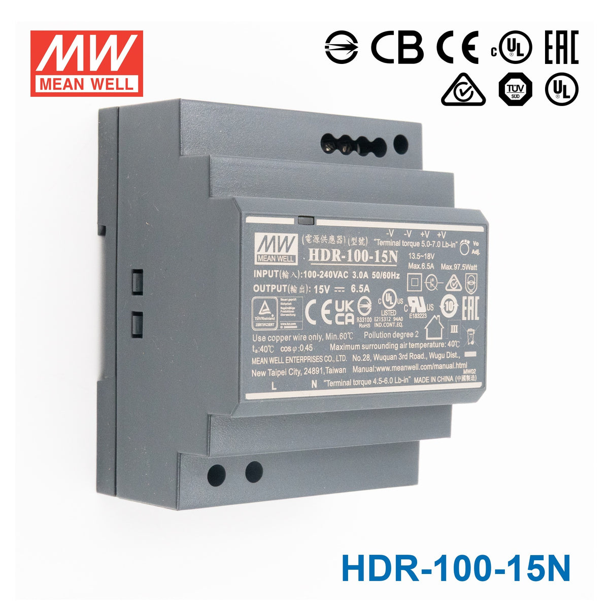 Mean Well HDR-100-15N Ultra Slim Step Shape Power Supply 100W 15V 6.5A - DIN Rail