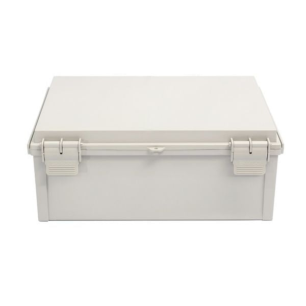 Boxco Q-Series 300×300×160mm Plastic Enclosure, IP67, IK08, PC, Grey Cover, Plastic Hinge and Latch Type
